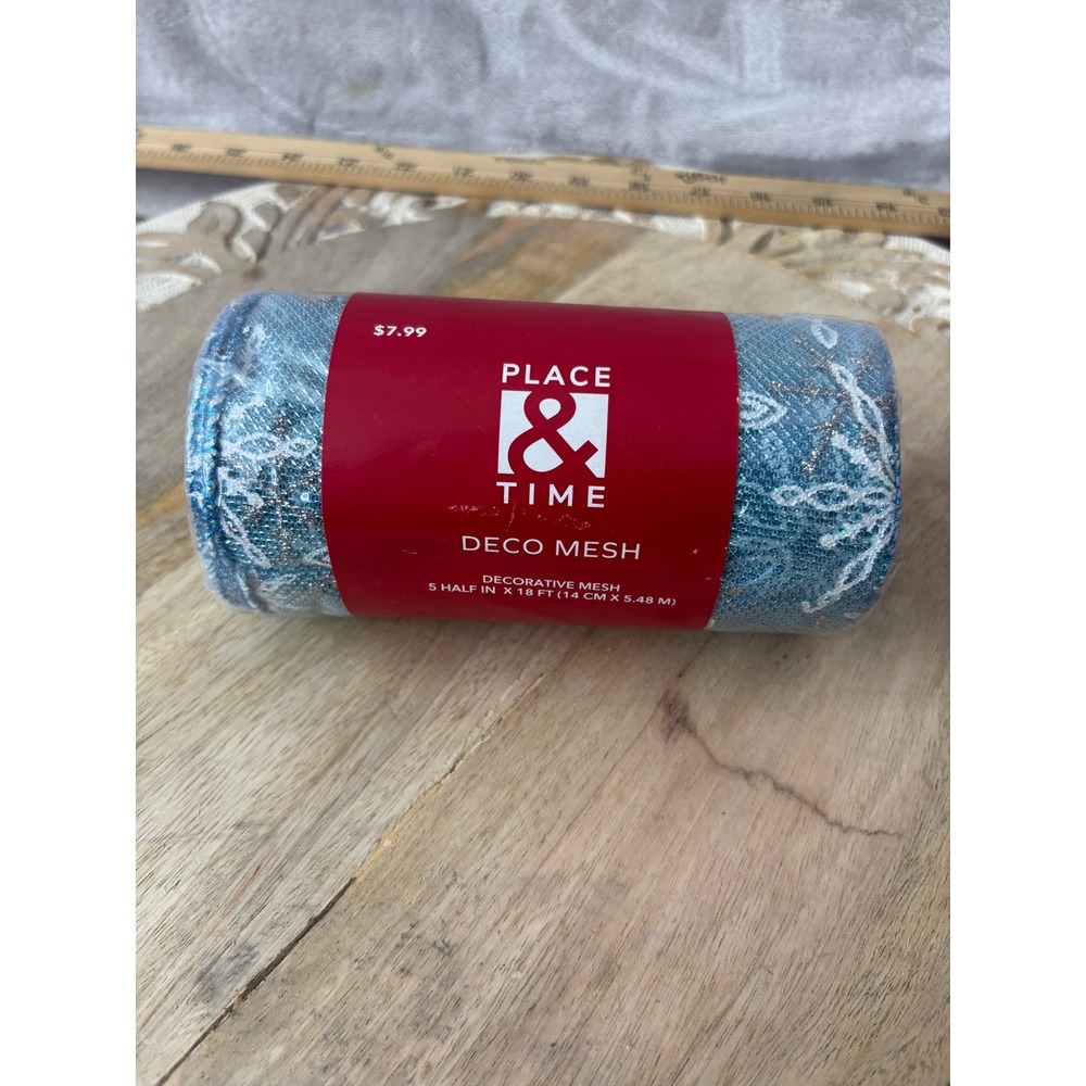 Place & Time Blue Snowflake Deco Mesh 5.5in x 18ft Glitter Holiday Craft Ribbon